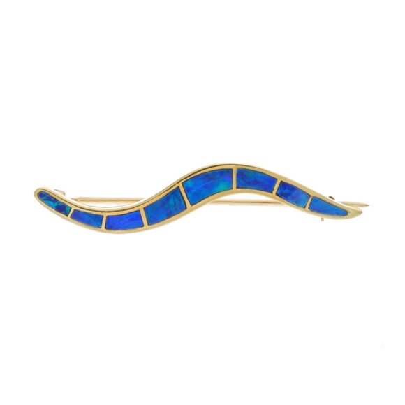 Yellow Gold Opal Wavy Line Brooch - 18k Inlay Pin